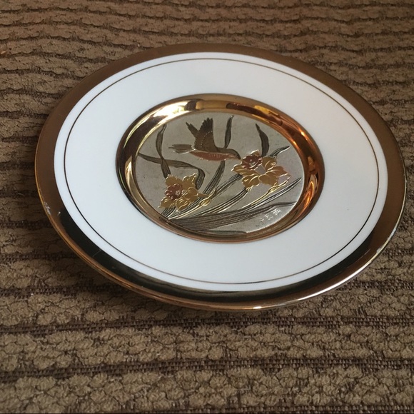 Vintage Chokin Etched copper Gilded Hummingbird Dish 6” - Picture 7 of 15